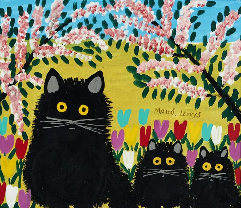 Folk Cat Garden Spring Morning - Wall Art by Recca Art - Abstract wall art