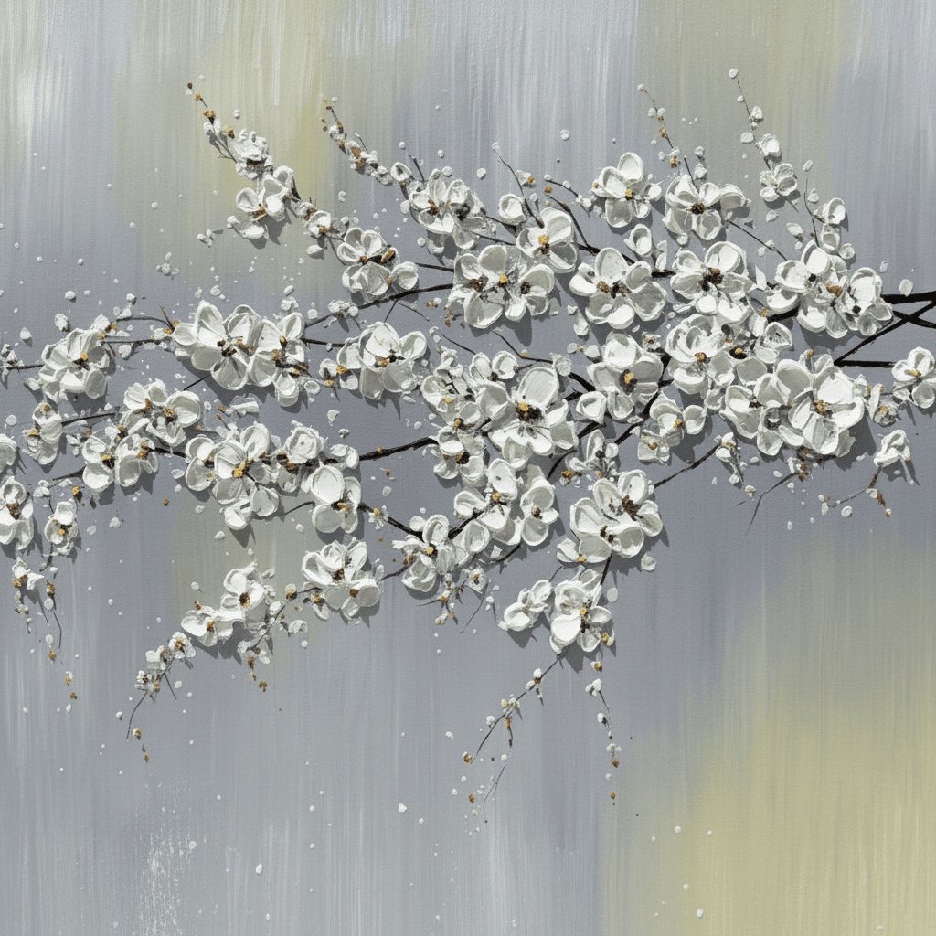 White Blossom Branch Silver Bloom - Wall Art by Fir Gallery - Abstract wall art