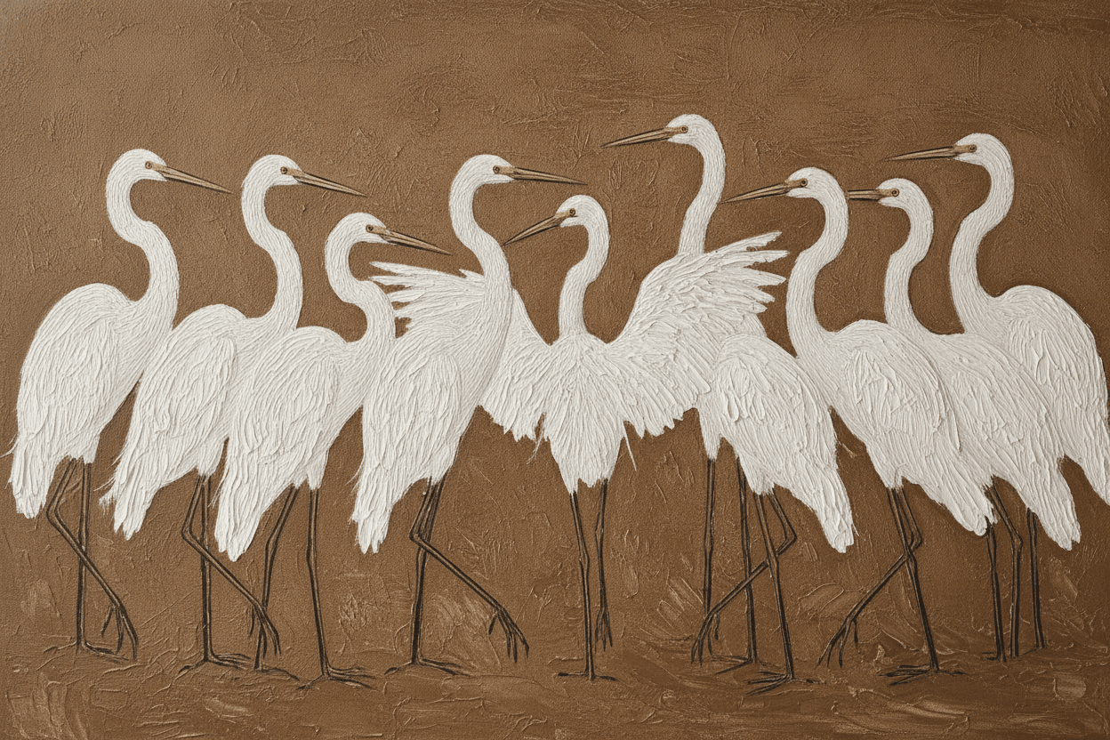 White Crane Flock Still Gathering - Wall Art by Fir Gallery - Abstract wall art