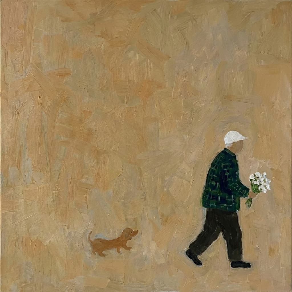 Figurative Minimalist Brown Man With Dog - Wall Art by Fir Gallery - Abstract wall art
