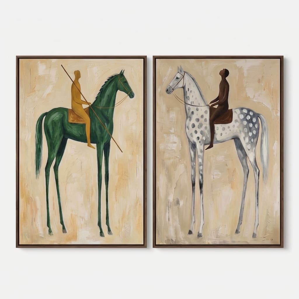 Figurative Equestrian Green & Grey Riders - Wall Art by Fir Gallery - Abstract wall art